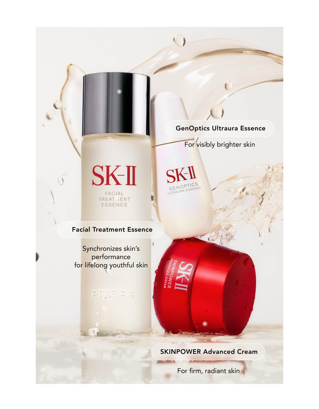 Genoptics Ultraura Essence - For visibly brighter skin. Facial Treatment Essence - Synchronizes skin's performance for lifelong youthful skin. SKINPOWER Advanced Cream - For firm, radiant skin.