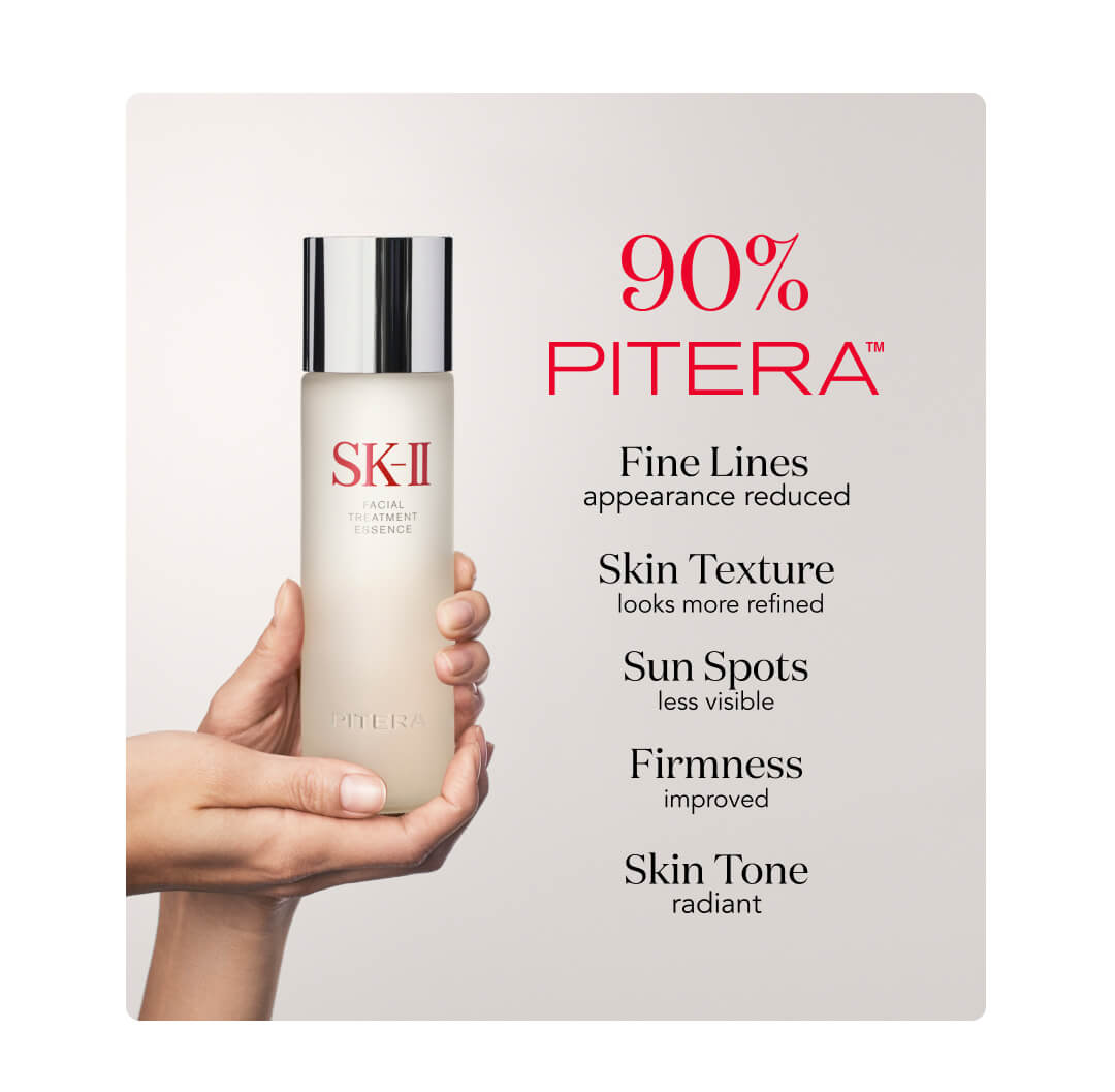 90% PITERA™️ - Fine Lines: appearance reduced. Skin Texture: looks more refined. Sun Spots: less visible. Firmness: improved. Skin Tone: radiant.