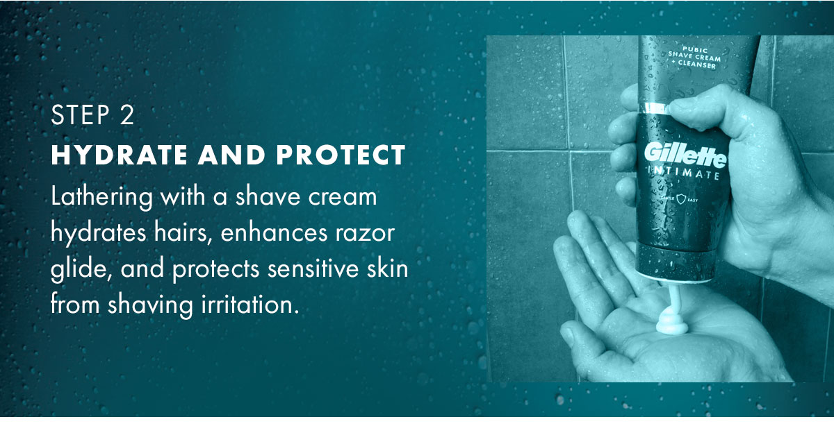 Step 2. Hydrate and protect - Lathering with a shave cream hydrates hairs, enhances razor glide, and protects sensitive skin from shaving irritation.