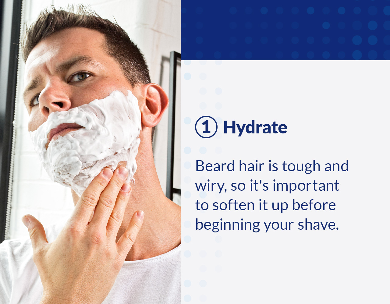 1. Hydrate. Beard hair is tough and wiry, so it's important to soften it up before beginning your shave. 