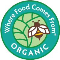 Official ICS Certified Organic certification, identifying New Chapter vitamins made with organic vegetables and herbs.